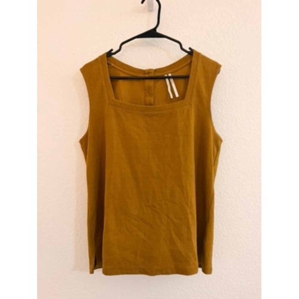 Anthropologie Mustard Yellow Square Neck Sleeveless Button Back Top L Fall
